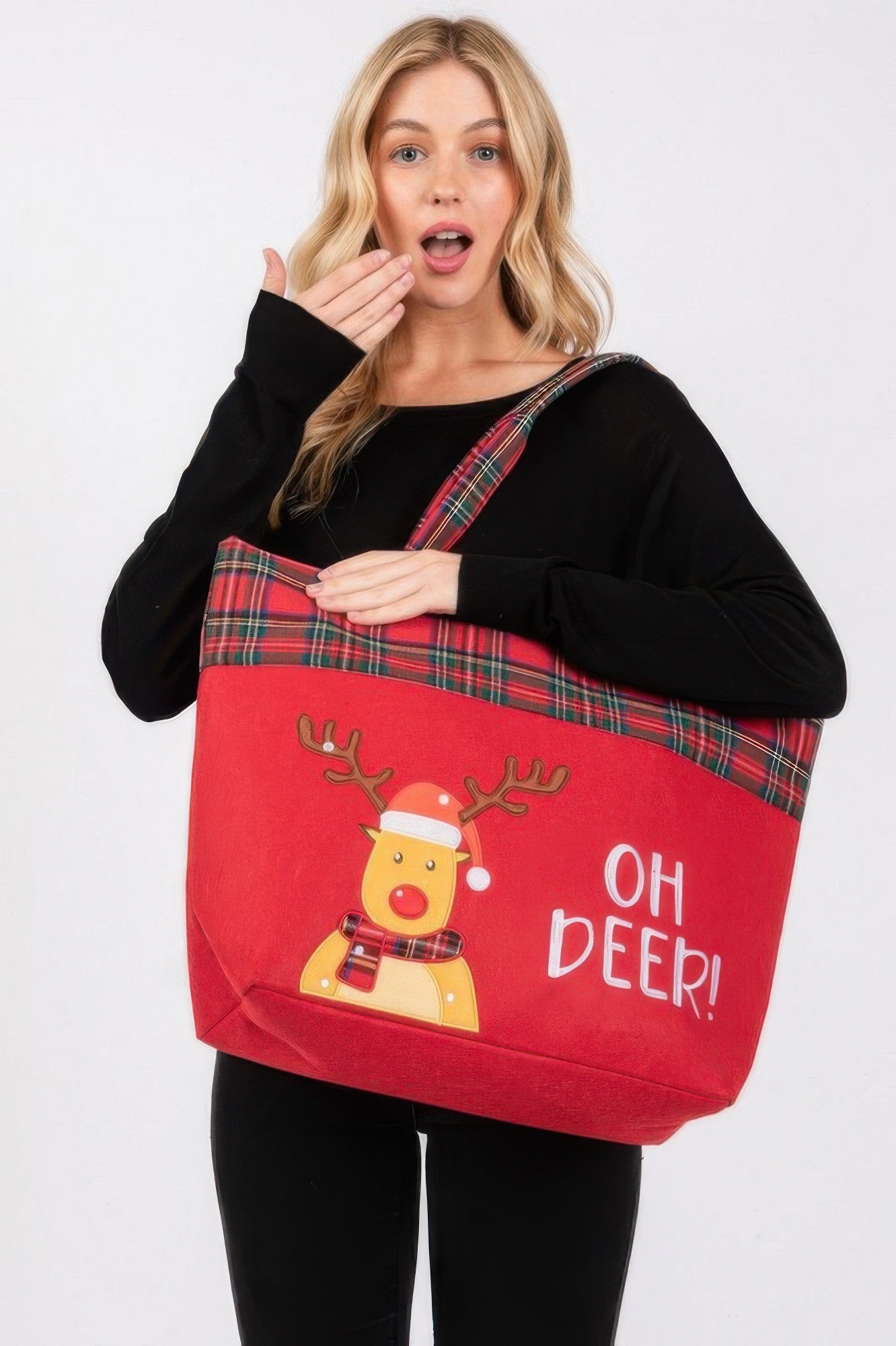 Oh Deer Letter tote bag, red body with plaid top band and reindeer front print