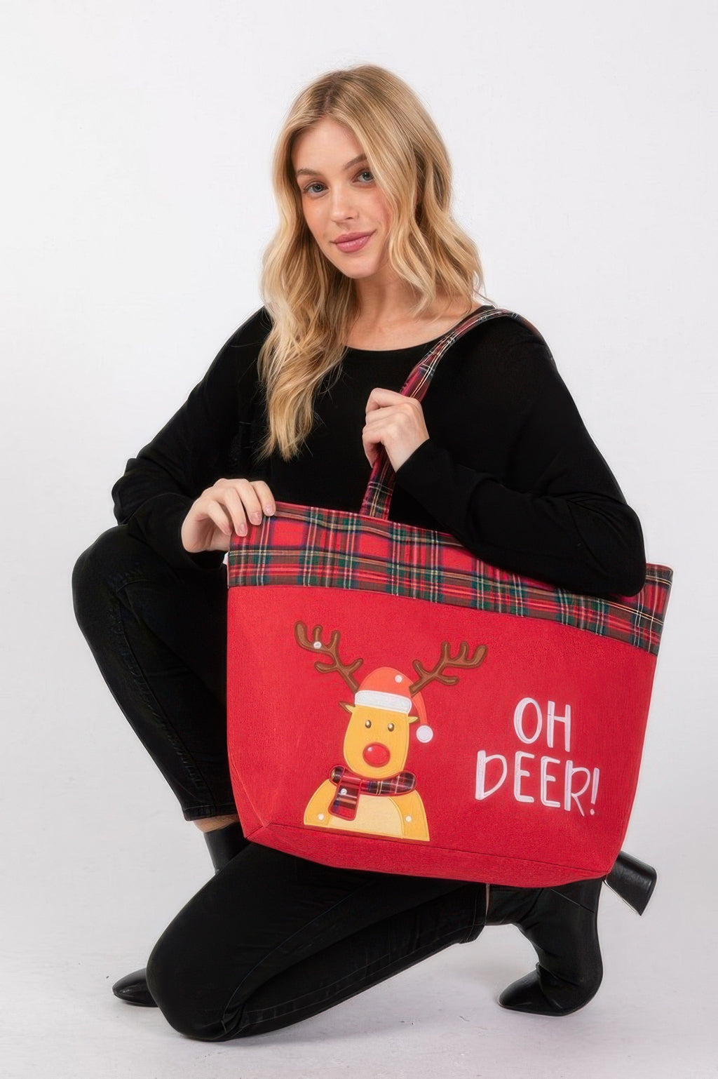 Red Oh Deer! tote bag with plaid handles and reindeer wearing scarf illustration
