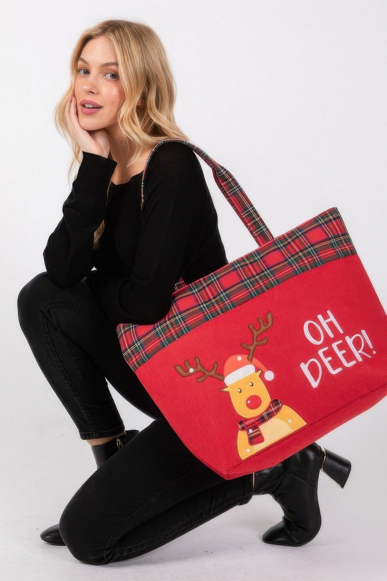 Red Christmas tote bag with plaid strap, reindeer character, and “OH DEER!” text