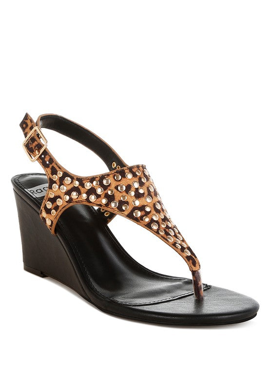 Leopard-print wedge sandals with T-strap, studded trim and ankle buckle
