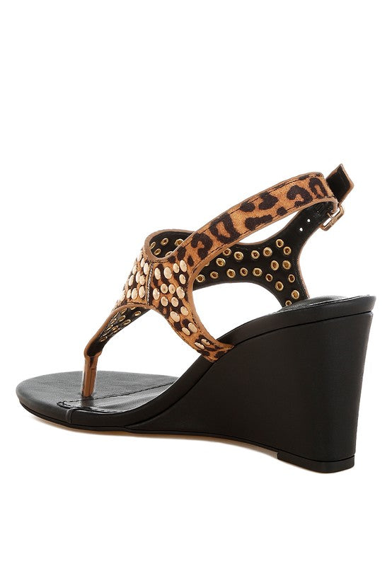 Leopard sandal with wide T-strap, silver studs, black wedge heel