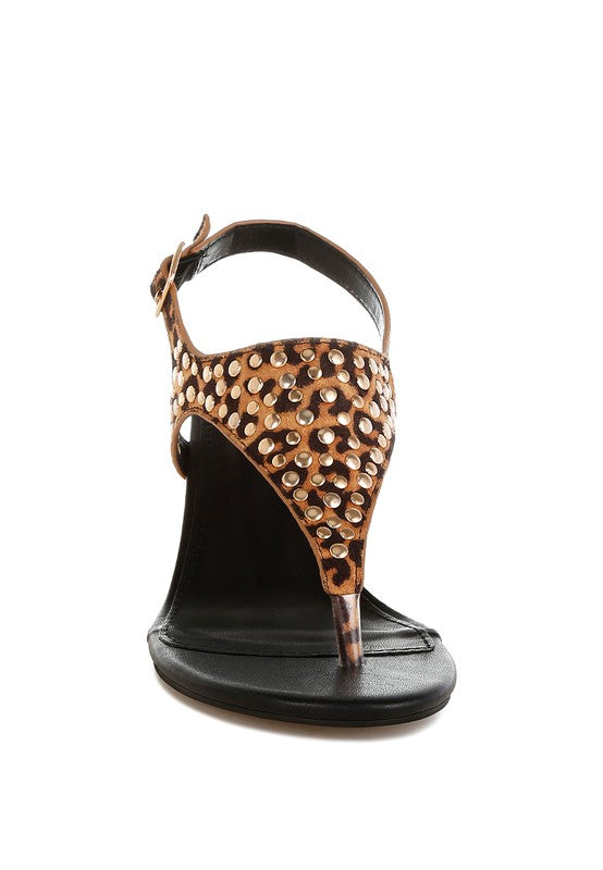 Leopard-print slingback wedge sandal with silver stud detailing and open toe
