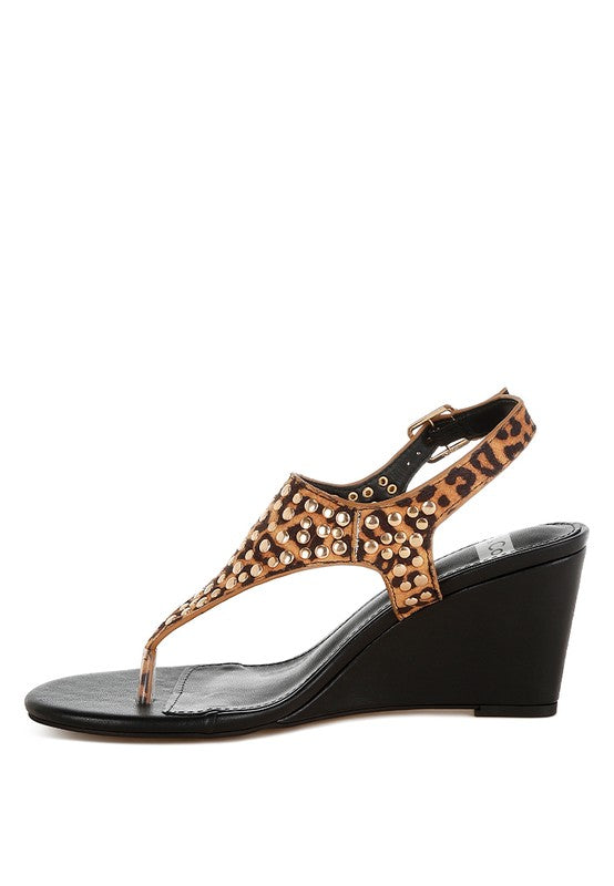 Leopard thong wedge sandal with studded upper and slim wedge heel
