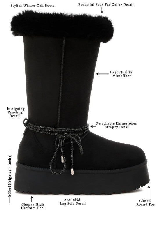 Black snow boot with faux fur collar, lace tie strap, and anti-skid lug sole