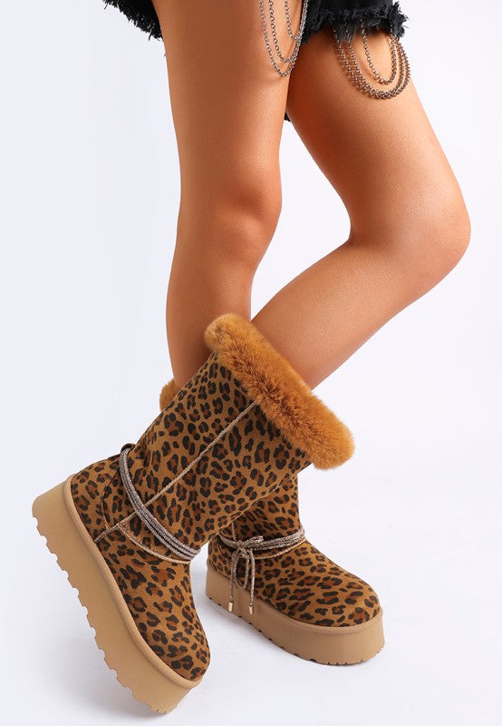 Leopard fur-collar snow boots with anti-skid sole and lace-up trim