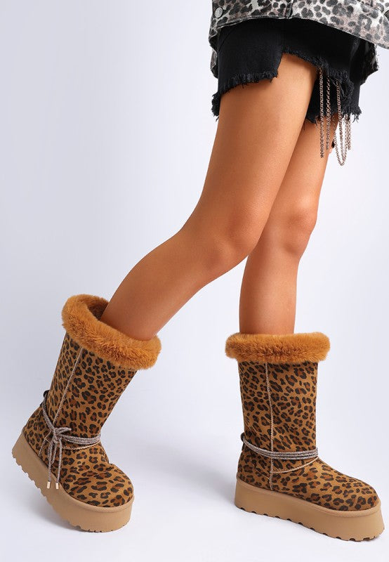 Leopard snow boots with fuzzy cuffs and lace-up cords, grippy outsole