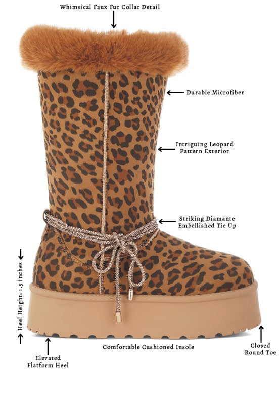 Leopard snow boot details: faux fur collar, lace-up tie, durable microfibre exterior