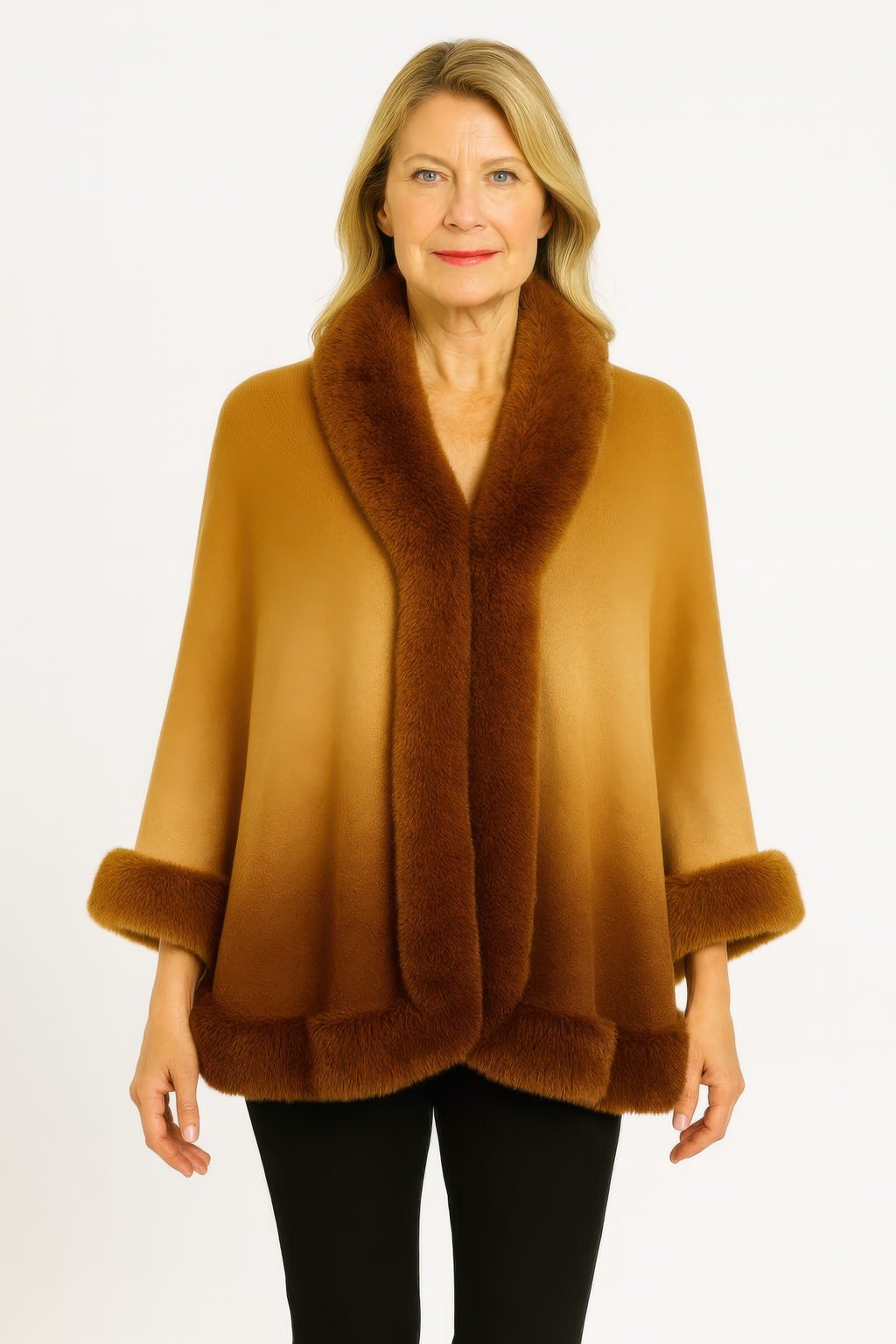 Ombre faux fur trim cape wrap, camel-to-brown, with dark faux fur cuffs and collar