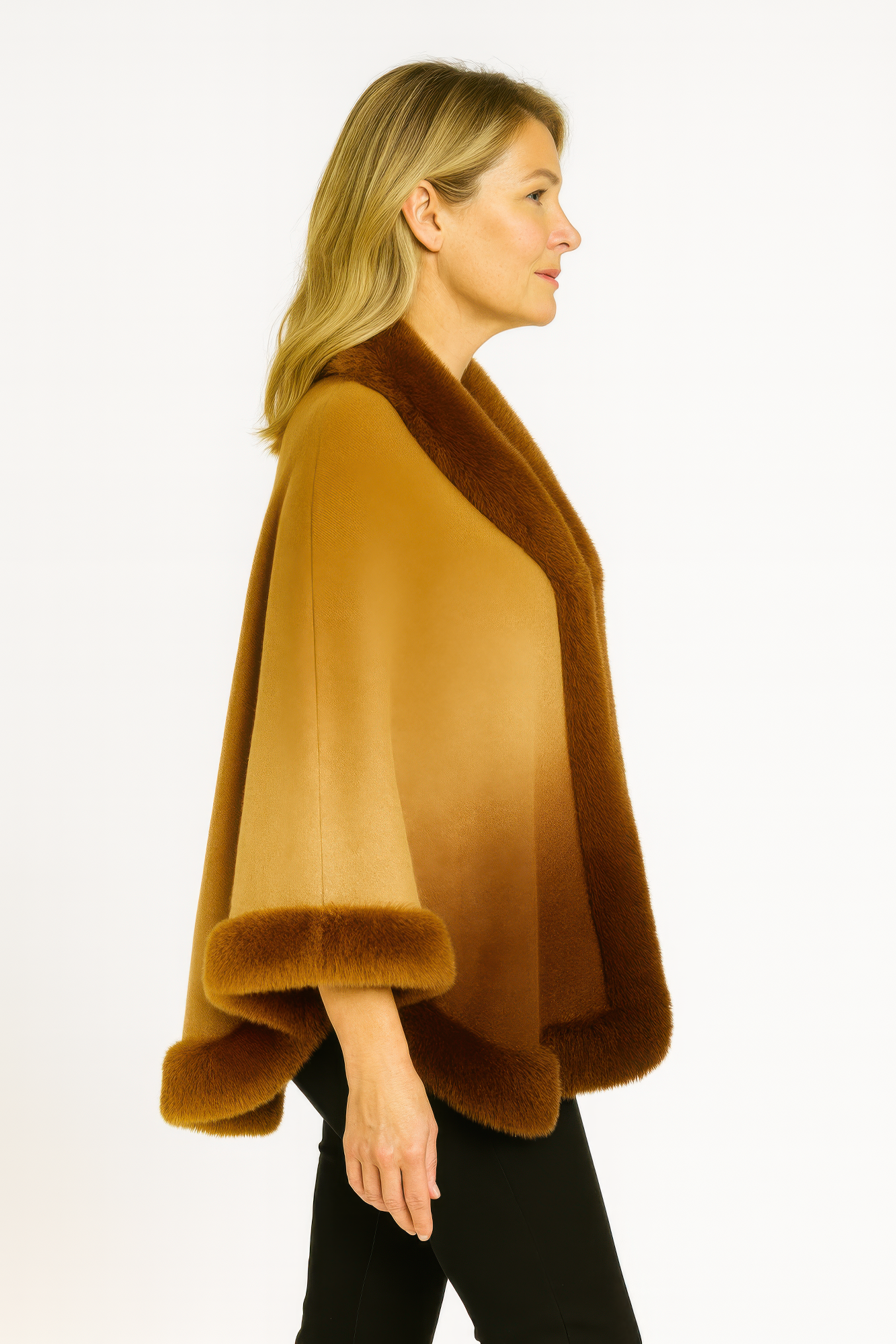 Ombre faux fur trim cape wrap, camel-to-brown side view with fuzzy fur sleeve cuffs