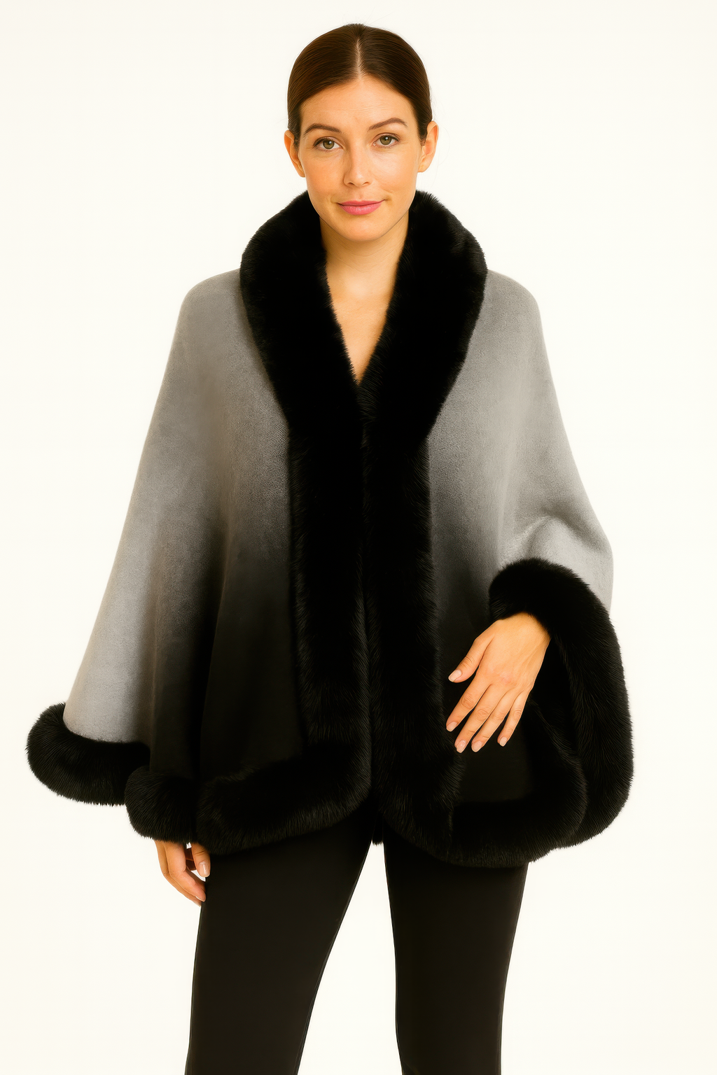 Ombre faux fur trim cape wrap, gray with black faux fur collar and front panel