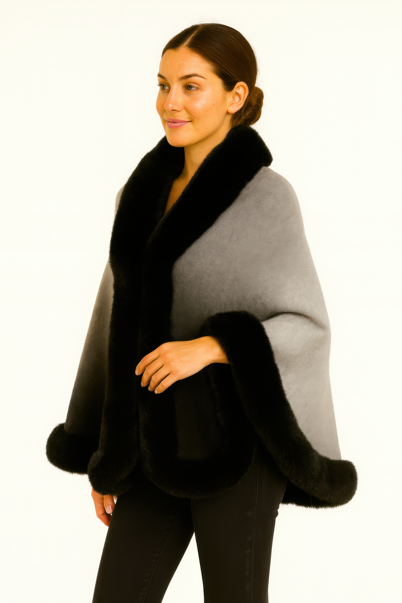 Ombre faux fur trim cape wrap, gray with black faux fur trim on pockets and sleeves