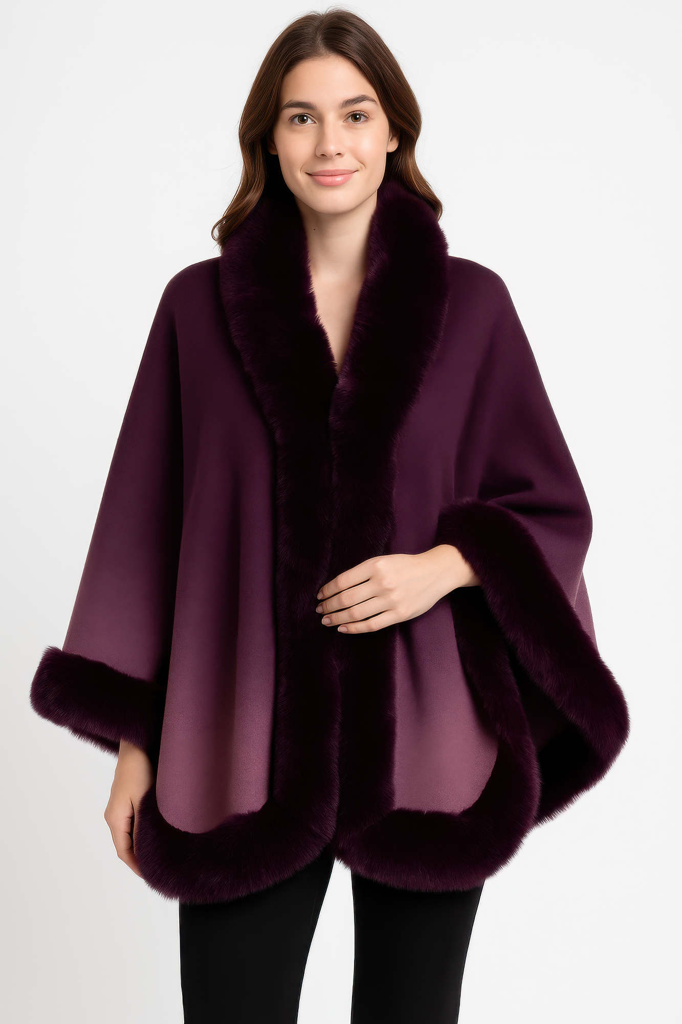 Ombre faux fur trim cape wrap, purple-to-plum with dark faux fur collar and hem trim