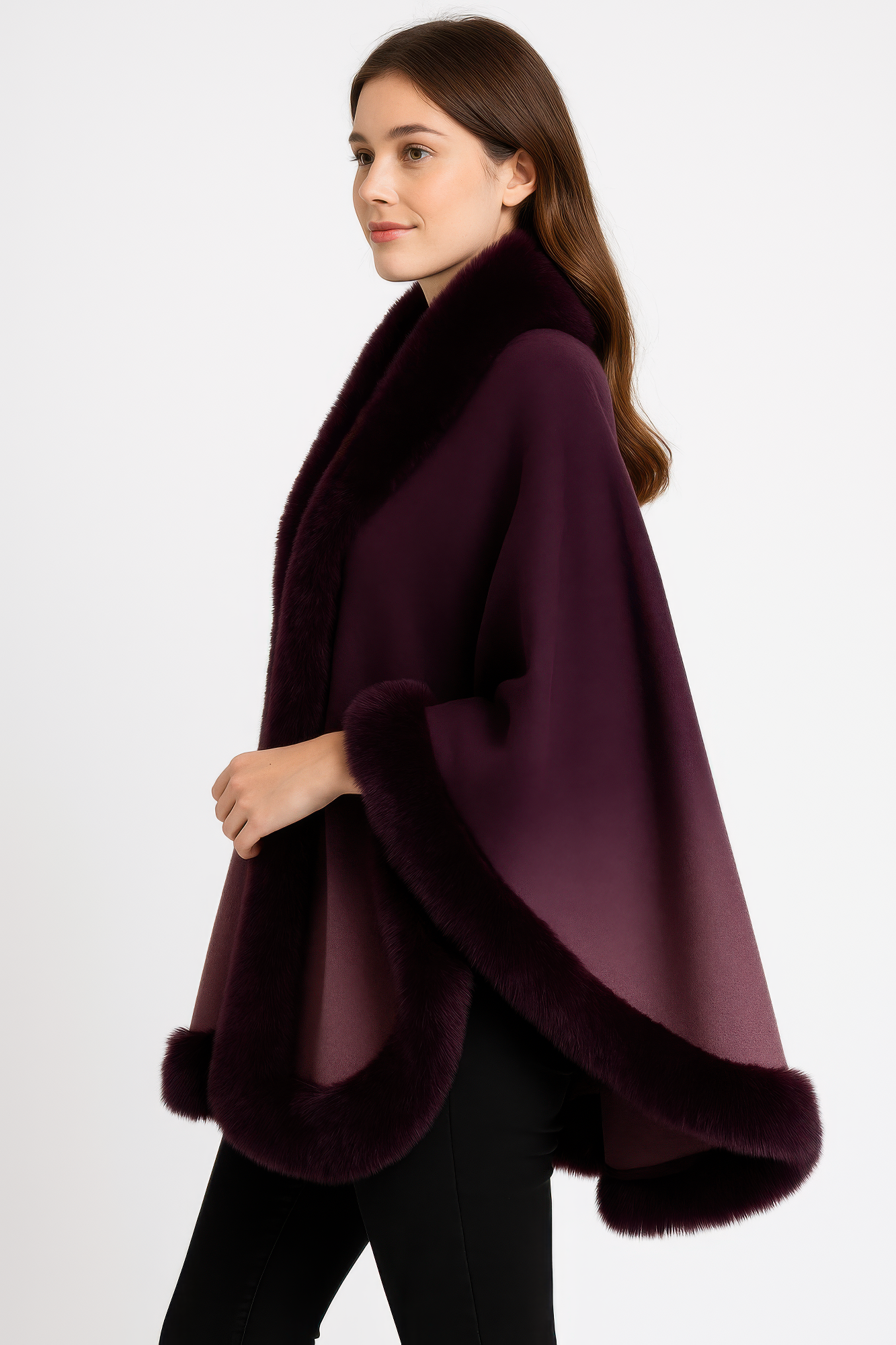 Ombre faux fur trim cape wrap, purple-to-plum side view with plush fur sleeve cuffs