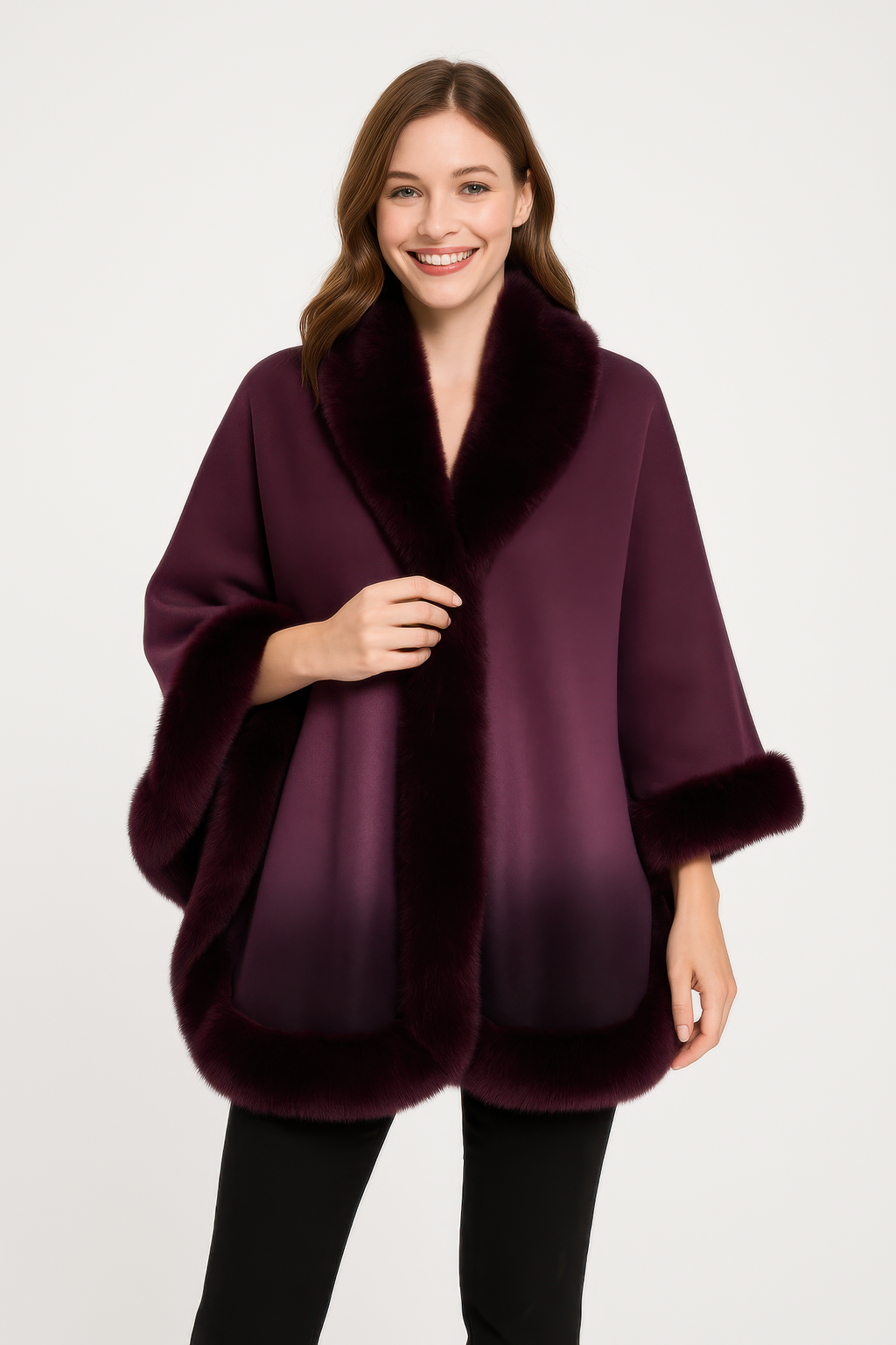 Ombre faux fur trim cape wrap, purple-to-plum front view with dark faux fur edging