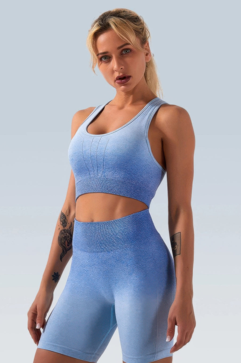 Ombre nahtloses 2‑teiliges Set, blaues Crop-Top mit kurzen Leggings-Shorts