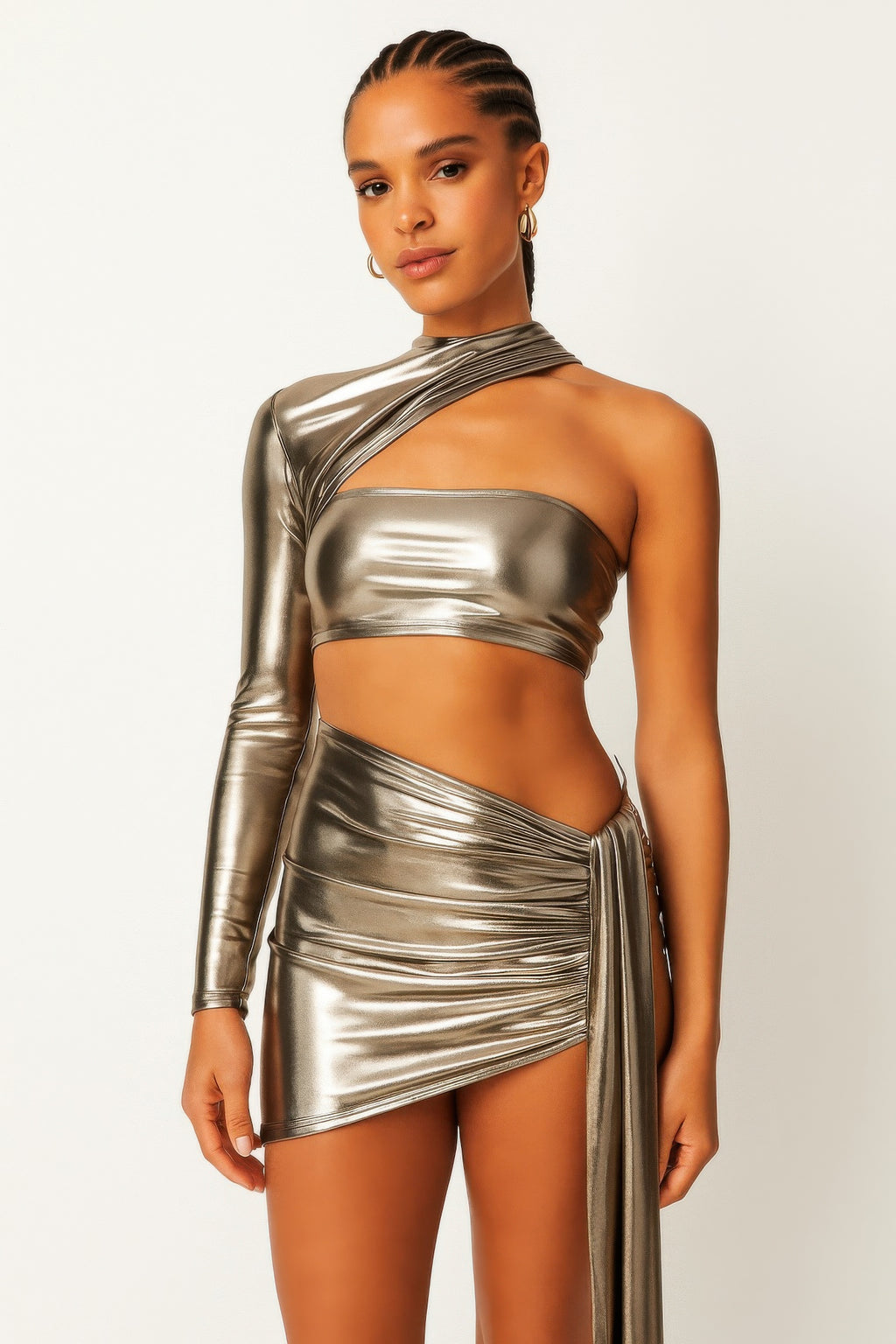 Silver one-shoulder metallic crop top & ruched mini skirt set, long sleeve, cutout