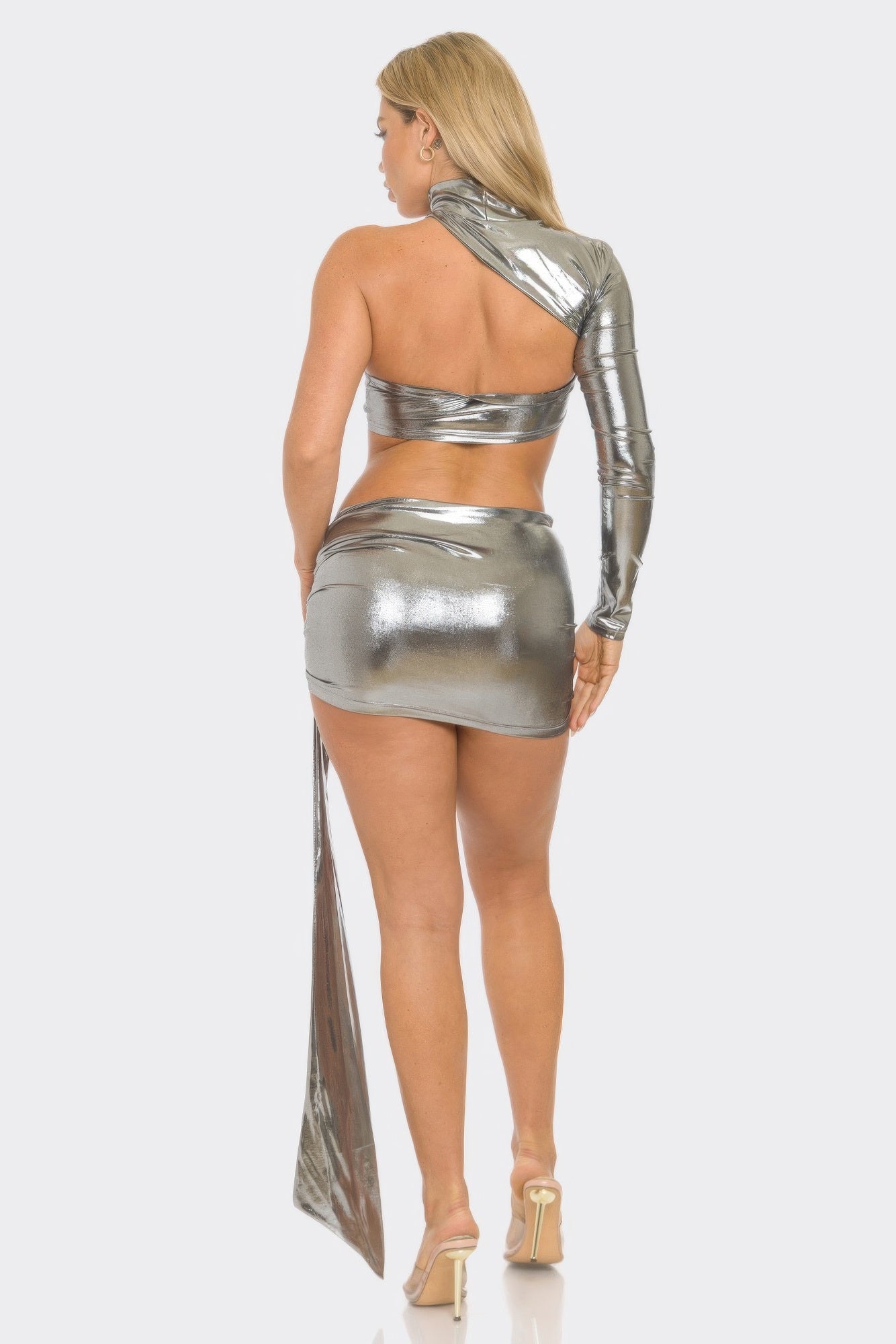 Silver metallic mini skirt set with one-shoulder crop top, ruched back and long drape