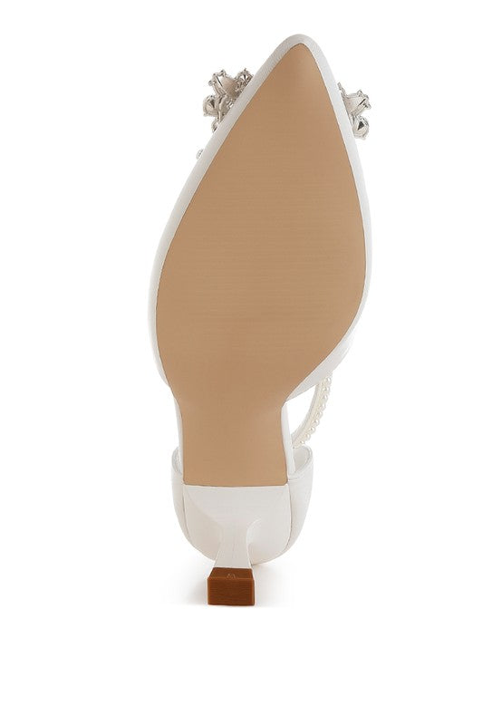 White satin kitten heel sandal with pearl-trim ankle strap and rhinestone side accents