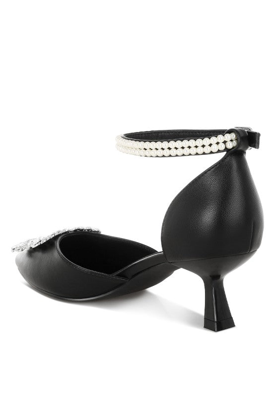 Black slingback kitten heel sandal with pearl-trim wrap strap and pointed toe