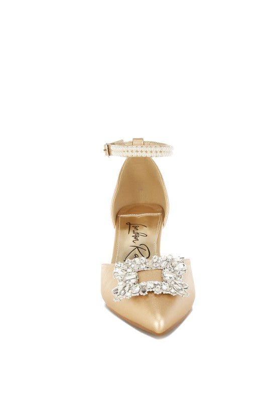 Diamante brooch kitten-heel sandals with light gold straps and rhinestone buckle trim