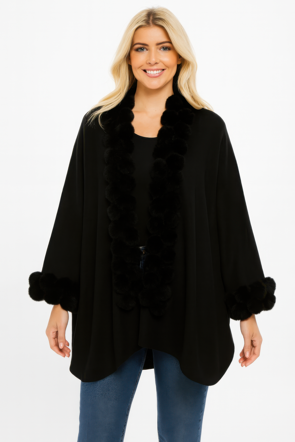 Black open-front cape with pom faux fur trim, rounded sleeves