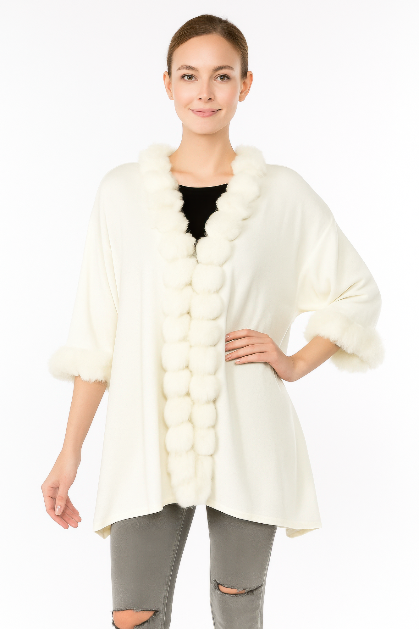 White open-front cape with pom faux fur trim, soft fuzzy front panel