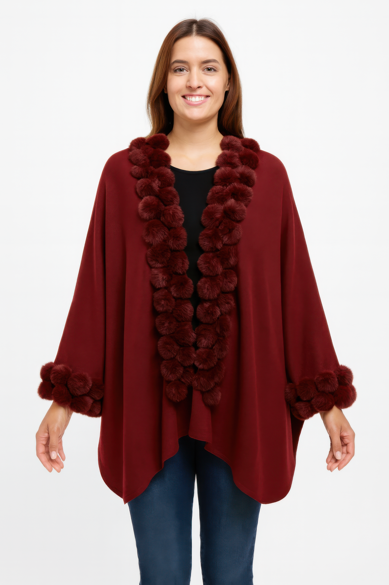 Burgundy open-front cape with pom faux fur trim, textured fuzzy front detail