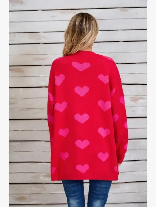 Open Front Cardigan, Rot mit rosa Herz-Motiven, Rückansicht, lange Ärmel