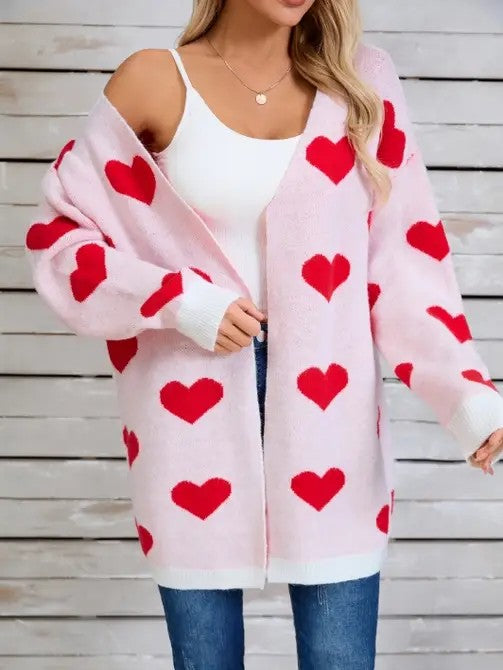 Open Front Cardigan, Hellrosa/weiß mit roten Herz-Motiven, offene Vorderseite, lange Ärmel