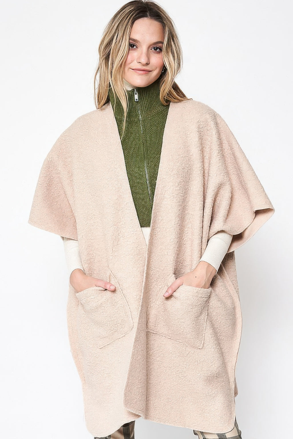 Open-Front-Kimono mit zwei Taschen, elfenbeinfarbene Textur