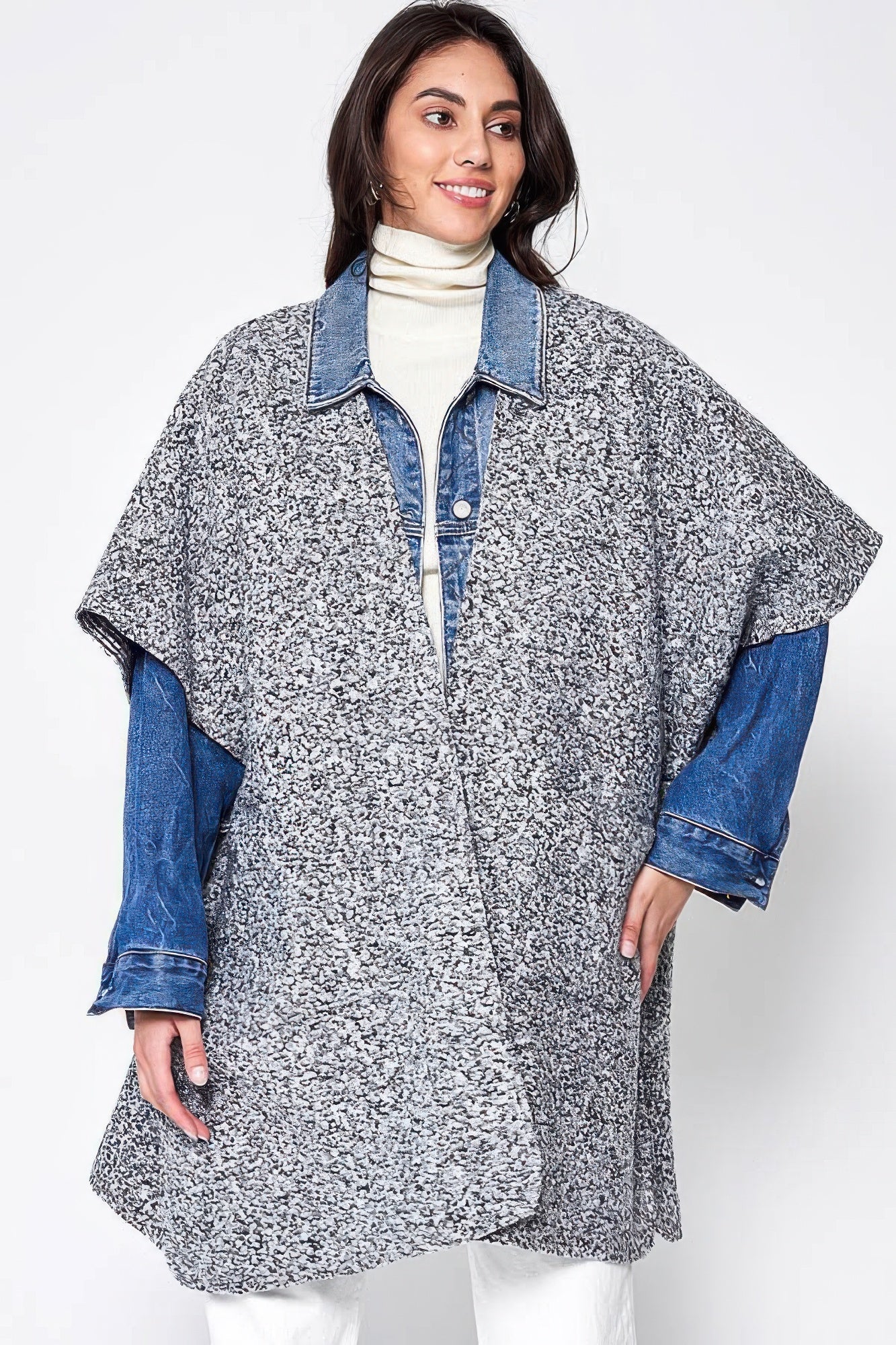 Grau gemusterter Open-Front-Kimono mit Taschen, mit Denim-Ärmeln