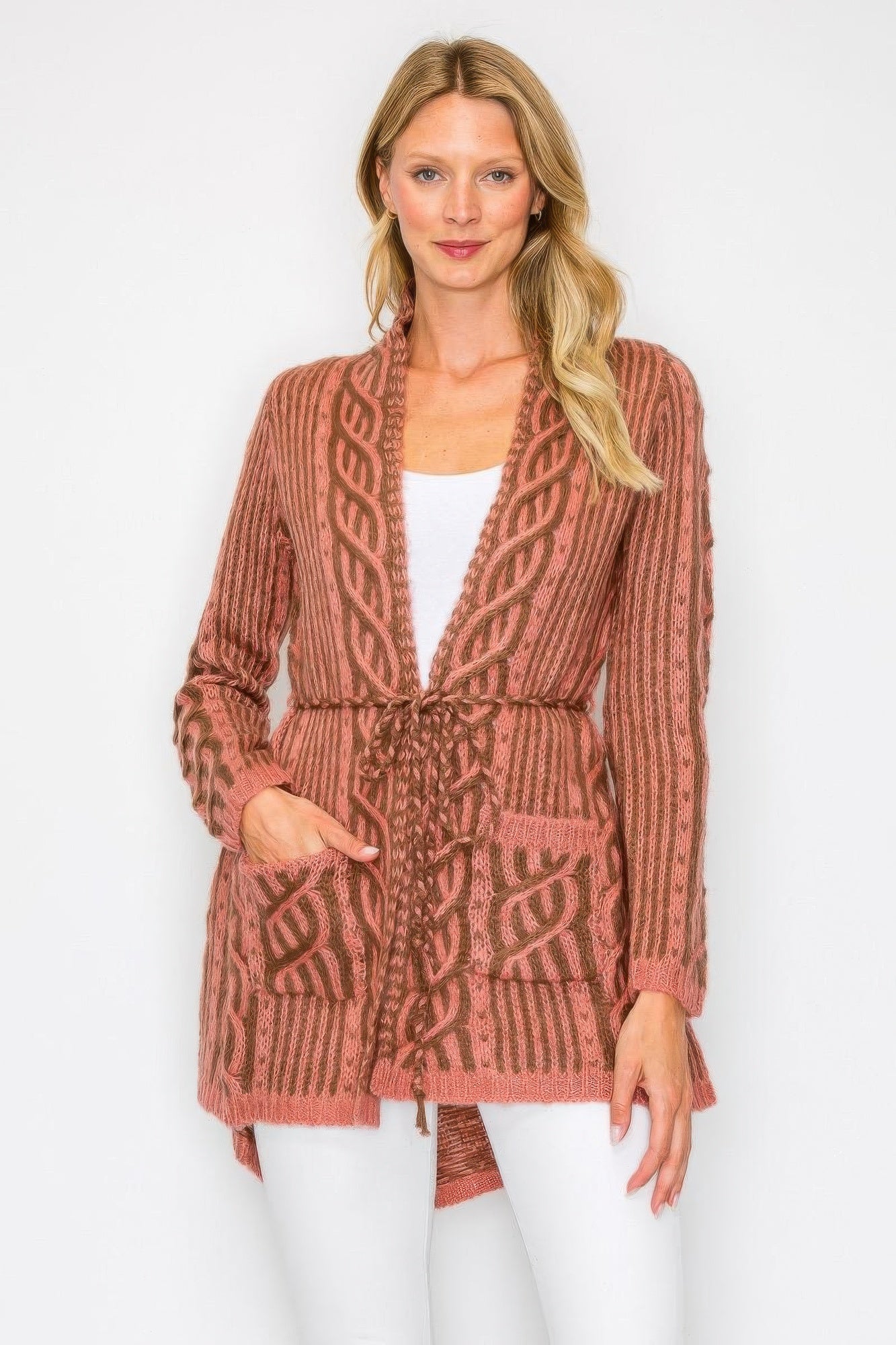 Pink open wool cardigan with belt tie and front pockets