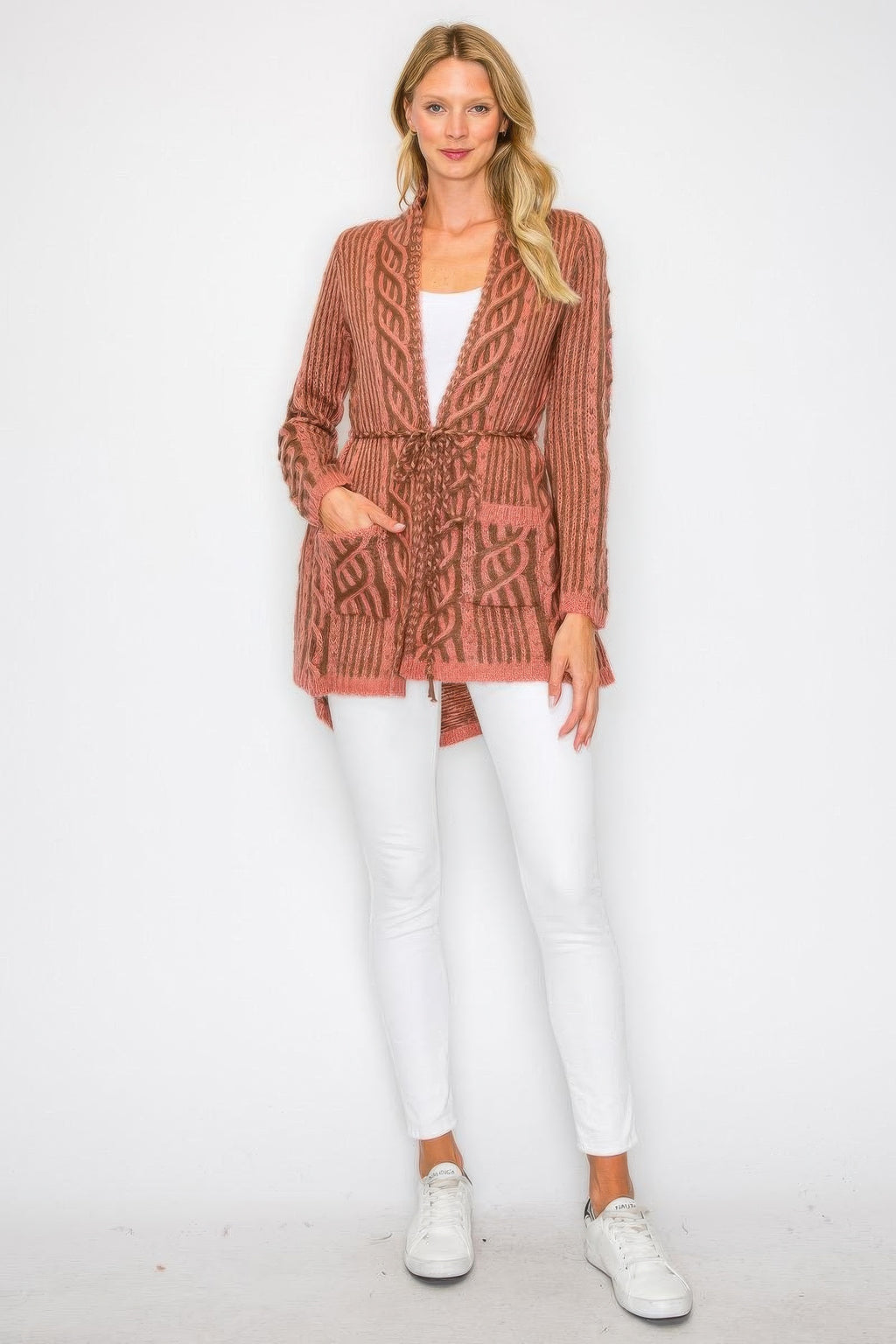 Pink open cardigan with belt tie, vertical knit texture, and front pockets