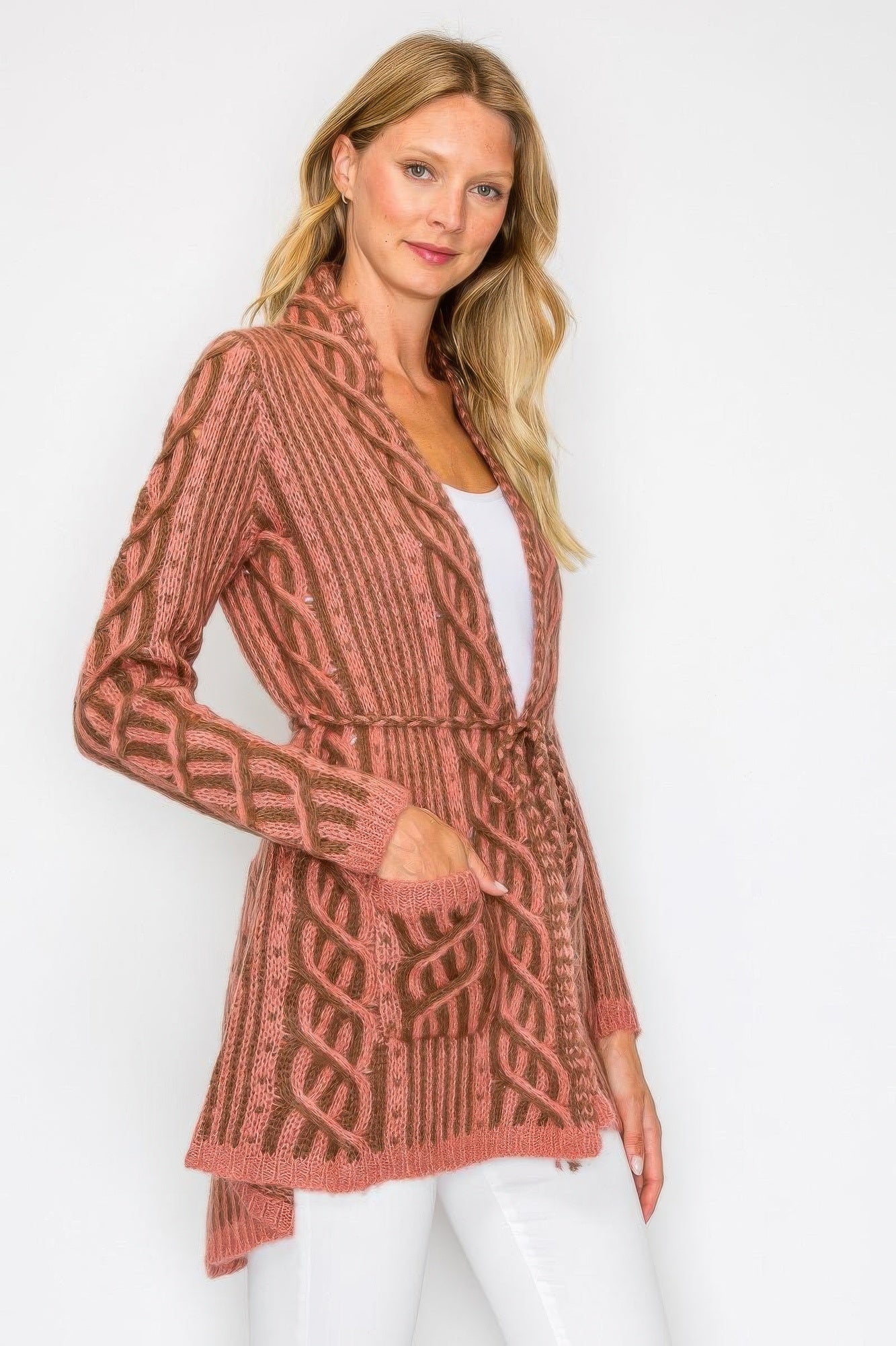 Pink open wool cardigan with belt tie and knit cable pattern