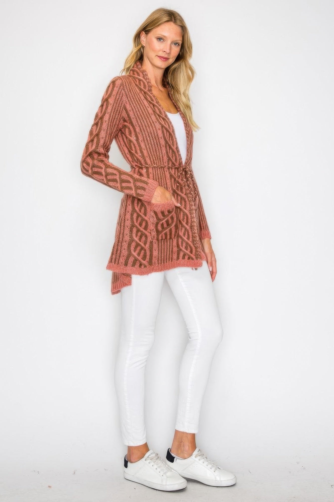Pink open wool cardigan with belt tie and long sleeves, front pockets