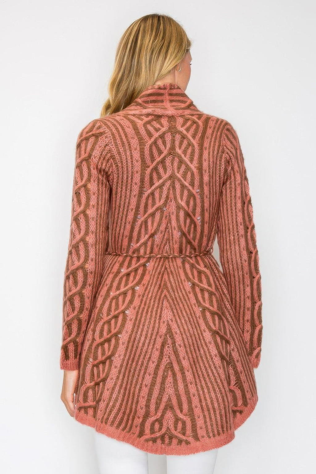 Back detail: pink open cardigan with belt tie and textured knit design