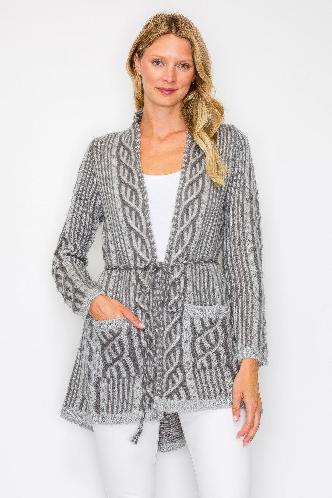 Gray open wool cardigan with belt tie and front pockets