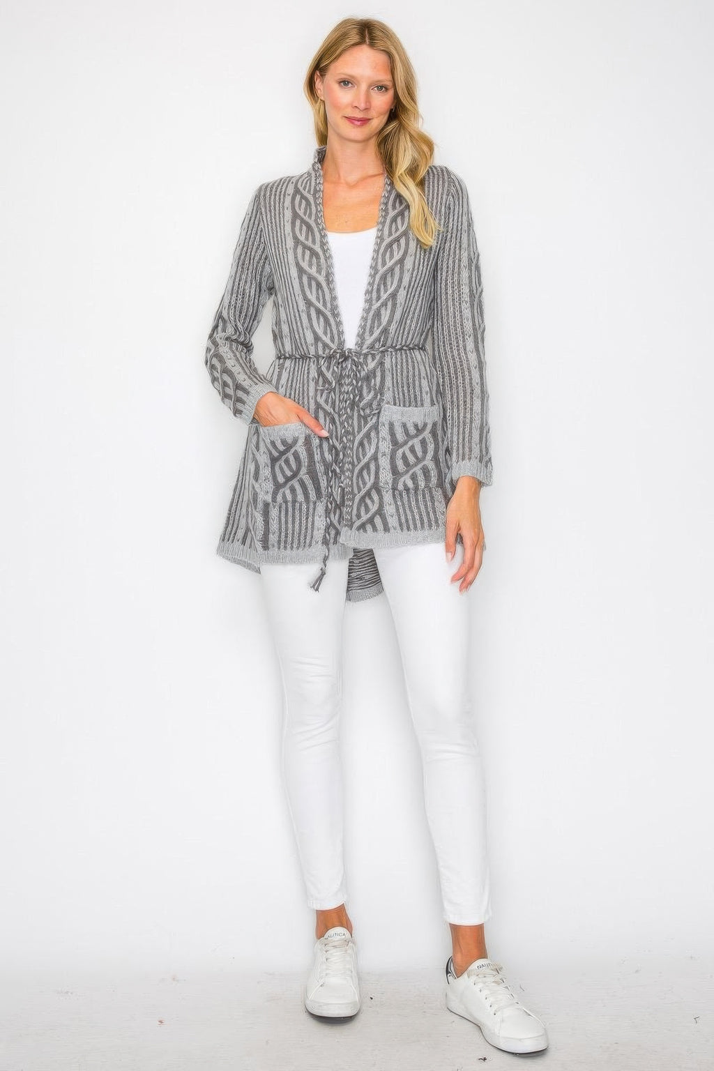Gray open wool cardigan with belt tie, patterned knit, and front pockets