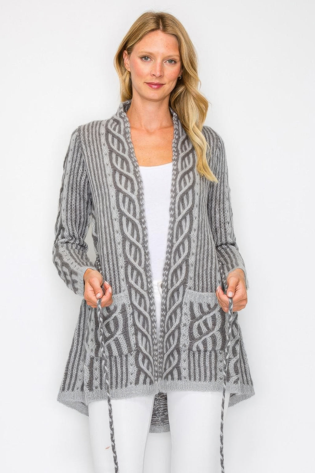 Gray open wool cardigan front view with belt tie and textured pockets