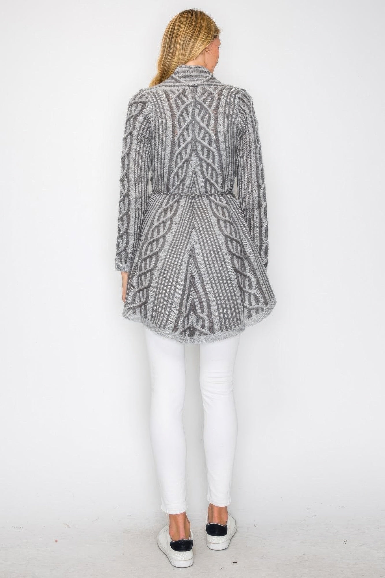 Gray open wool cardigan with belt tie and front pockets, cable knit pattern