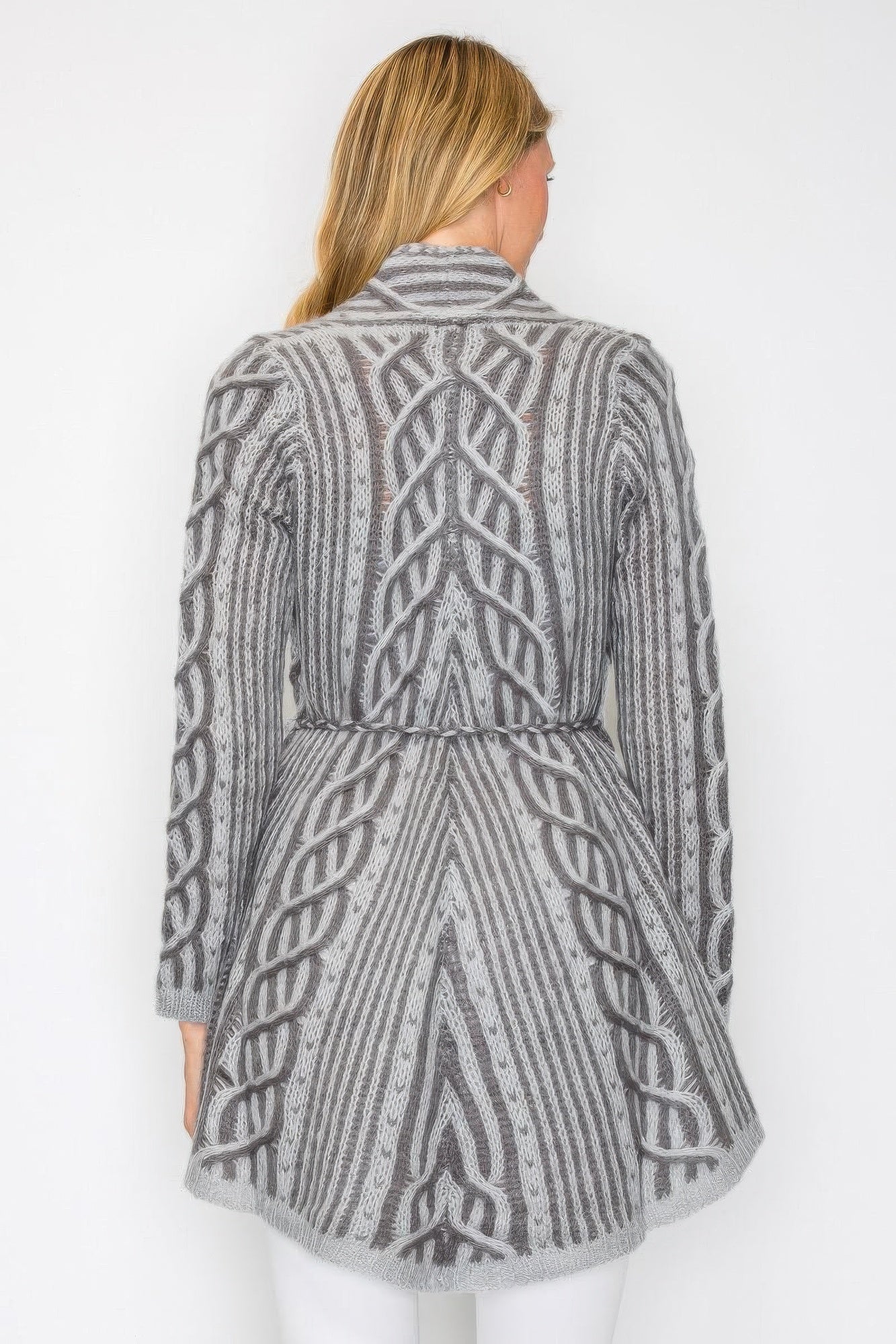 Gray open wool cardigan back view, belt tie, cable knit pattern and side pockets