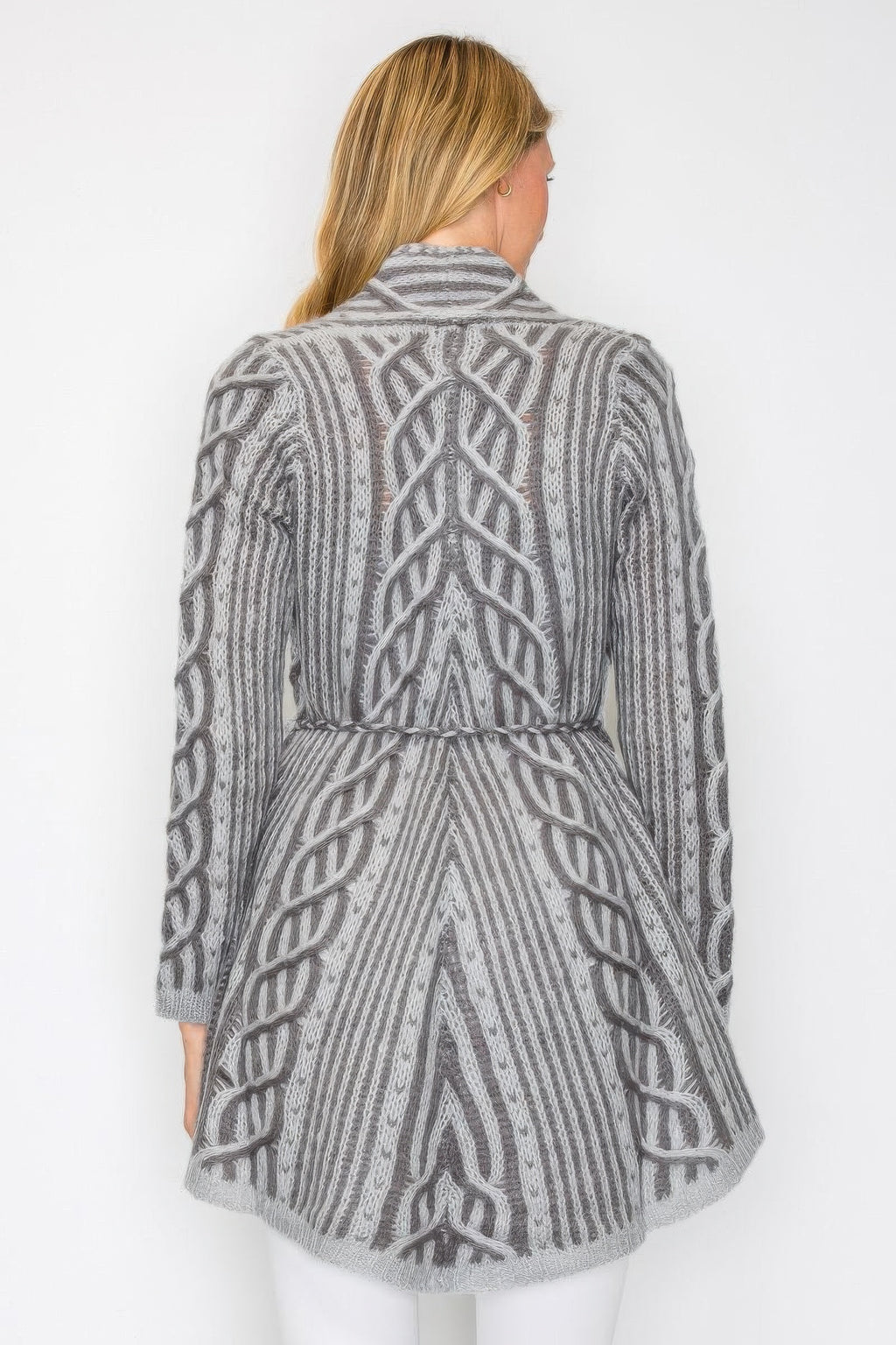 Gray wool cardigan with belt tie and cable knit texture, open front and pockets