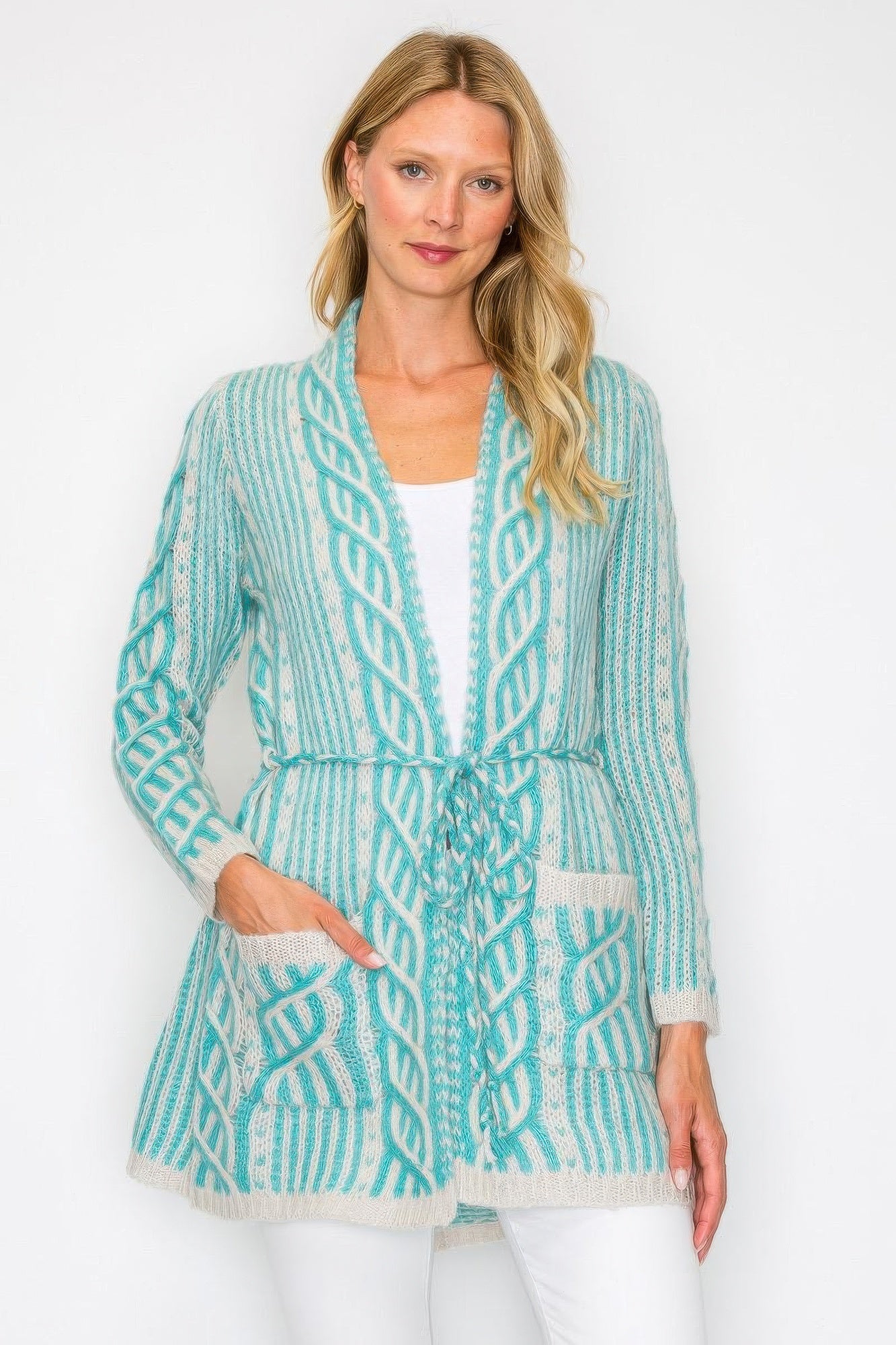 Mint open wool cardigan with belt tie, front pockets, cable knit pattern