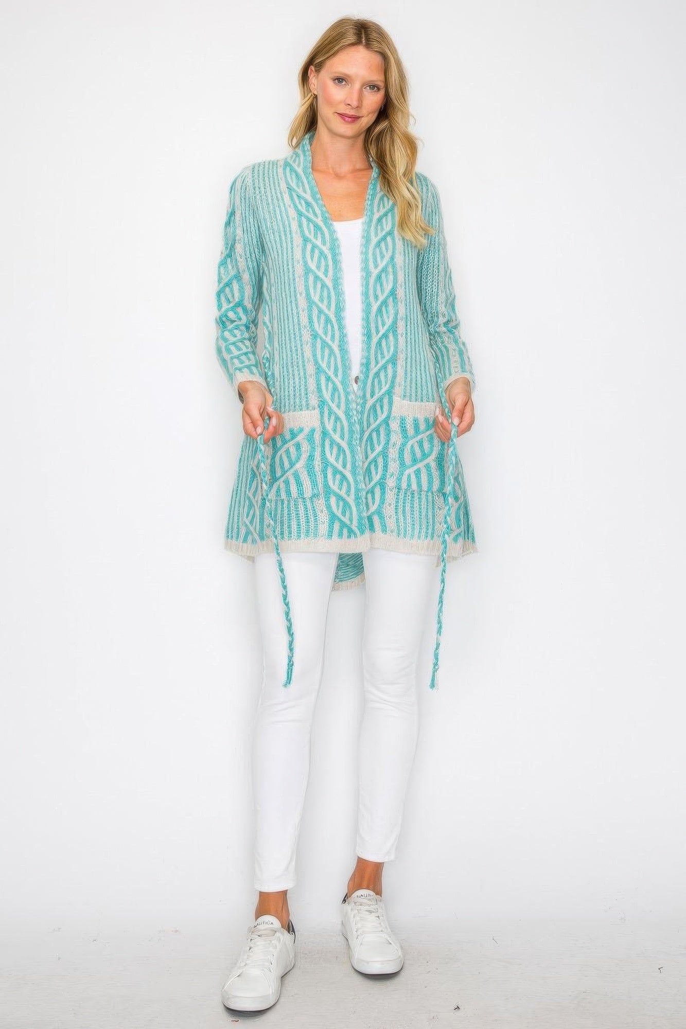 Mint open knit wool cardigan with belt tie, cable motif, front pocket details