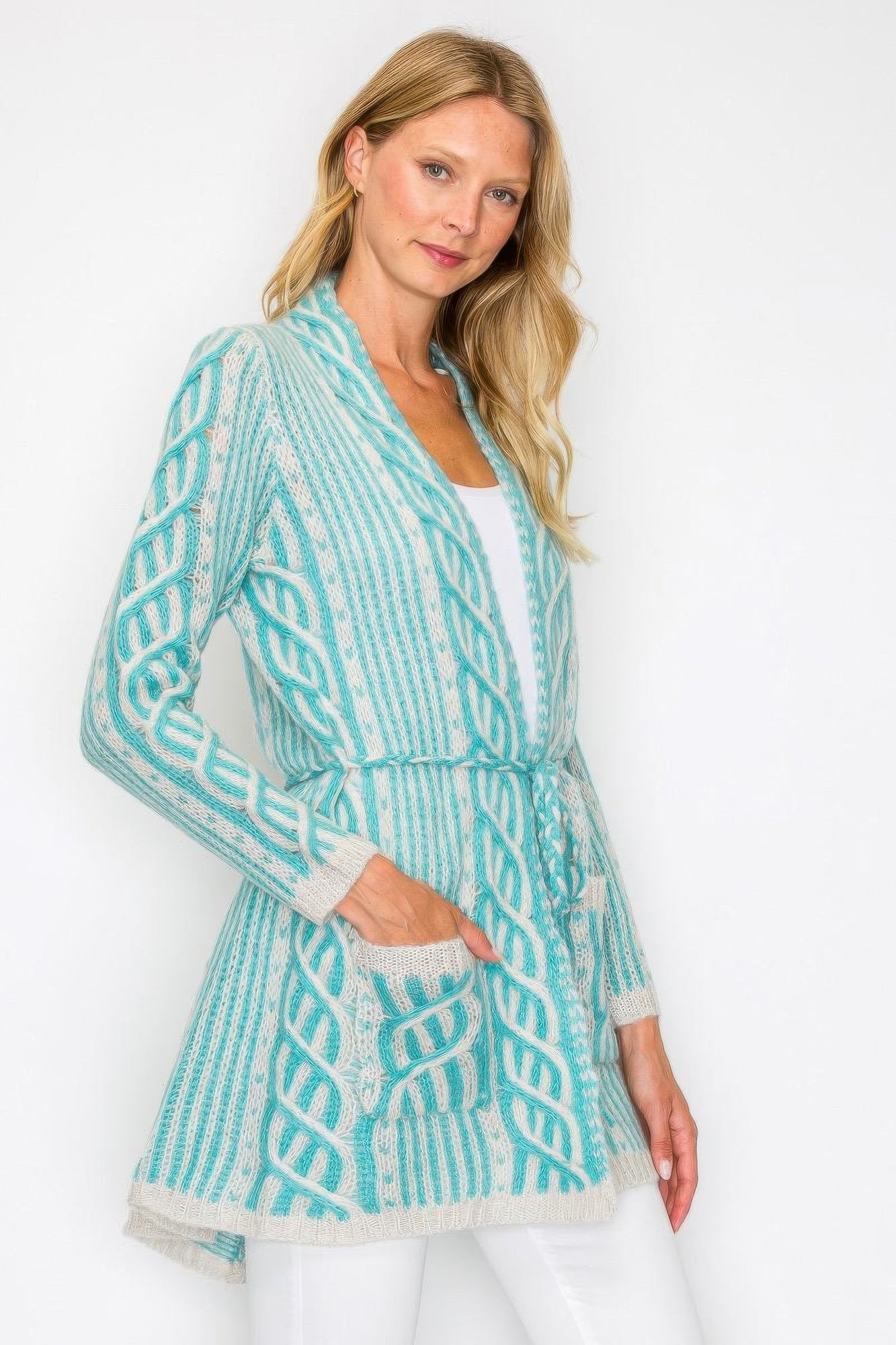 Mint open wool cardigan with belt tie, cable knit pattern, long sleeves and pockets