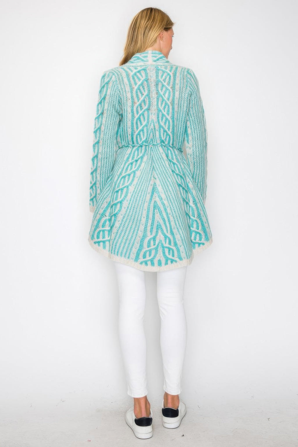 Mint wool cardigan back view, belt tie at waist, cable knit design and open front