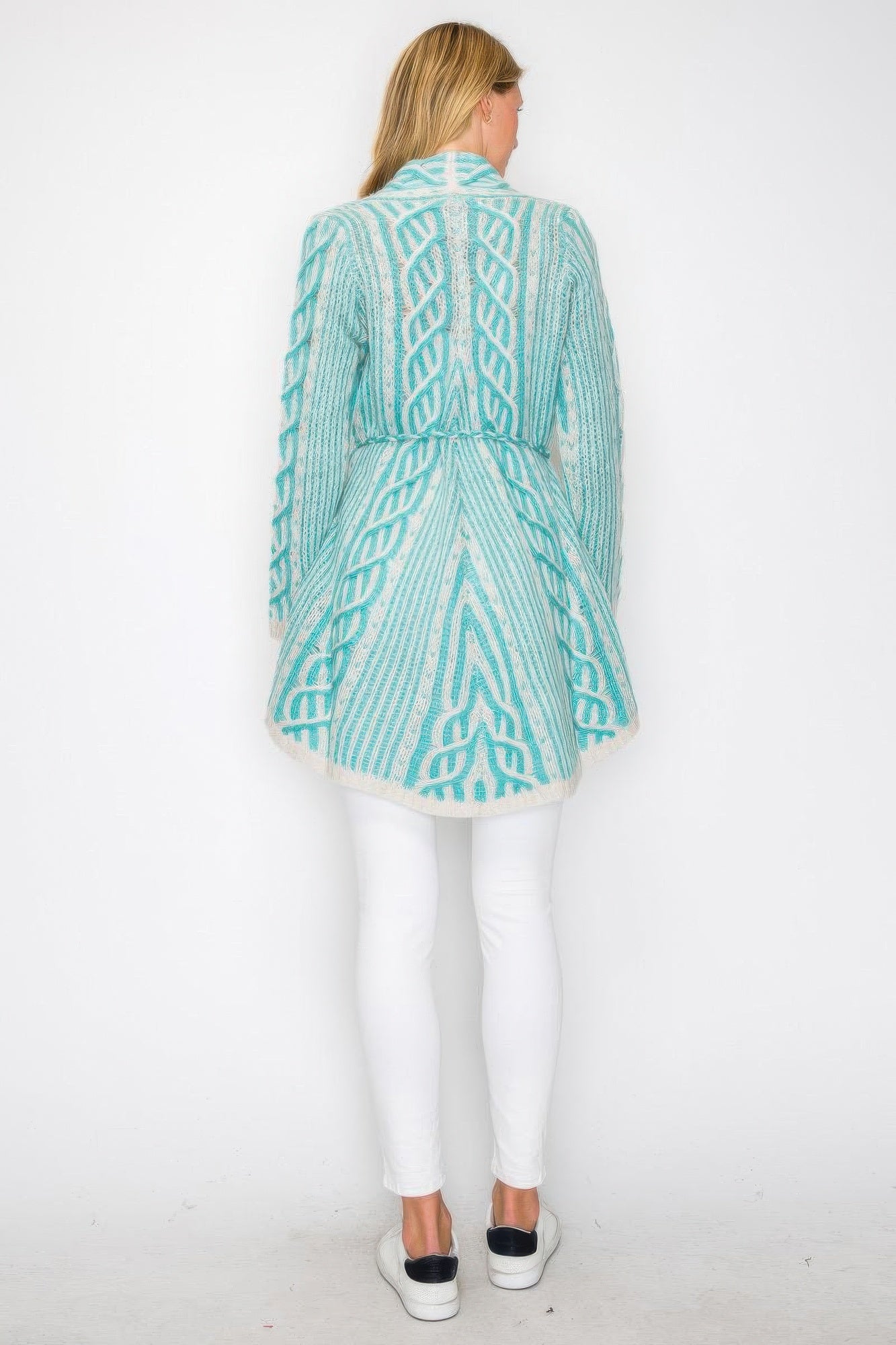 Mint wool cardigan back view, belt tie at waist, cable knit design and open front