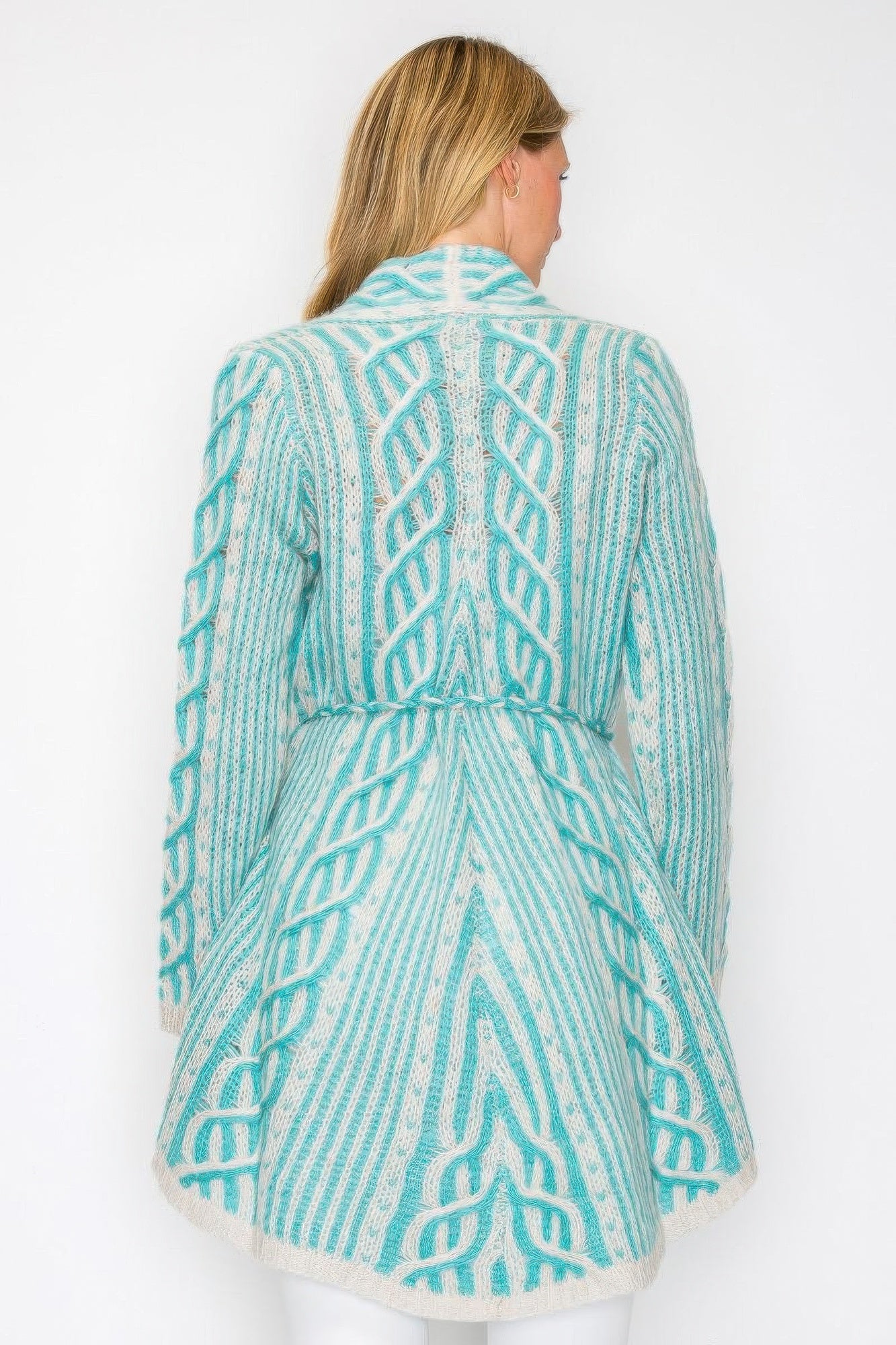 Mint open wool cardigan back view, belt tie and cable knit pattern, long sleeves