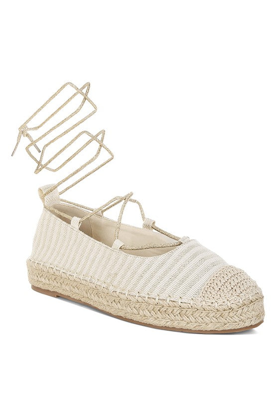 Oplin canvas woven espadrille in gold with crisscross ankle ties and braided jute sole