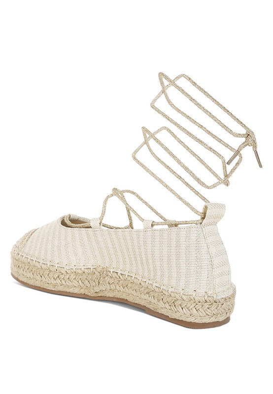 Oplin canvas woven espadrille in gold, rear view with crisscross ankle ties